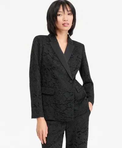 Inc International Concepts Women's Double-breasted Lace Fitted Blazer, Macy's Exclusive In Black