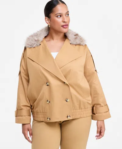 Inc International Concepts Women's Double-breasted Removable Faux-fur Collar Bomber Jacket, Macy's Exclusive In Brown