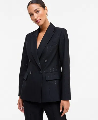 Inc International Concepts Womens Sequin Pinstripe Blazer Wide Leg Pants In Black