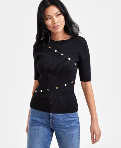 Inc International Concepts Women's Elbow-sleeve Asymmetrical Studded Sweater Top, Exclusively At Macy's In Deep Black