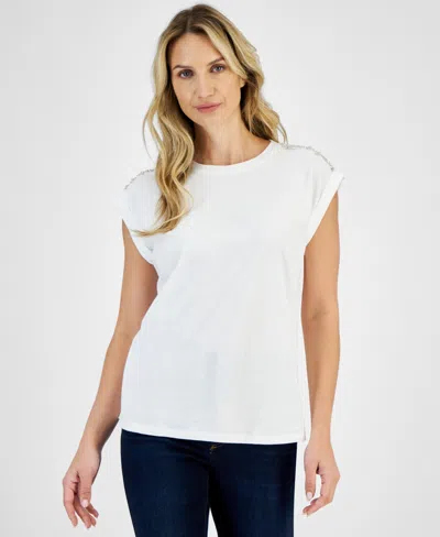 Inc International Concepts Women's Embellished Cotton T-shirt, Created For Macy's In Bright White