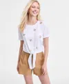 Inc International Concepts Women's Embellished Cotton Tie-front T-shirt, Exclusively At Macy's In White