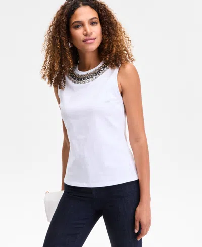 Inc International Concepts Women's Embellished-neckline Cotton Tank Top, Exclusively At Macy's