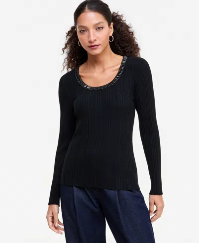 Inc International Concepts Women's Embellished Scoop Neck Ribbed Sweater, Macy's Exclusive In Deep Black