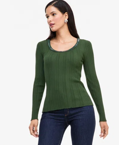 Inc International Concepts Women's Embellished Scoop Neck Ribbed Sweater, Macy's Exclusive In Forest Hollow