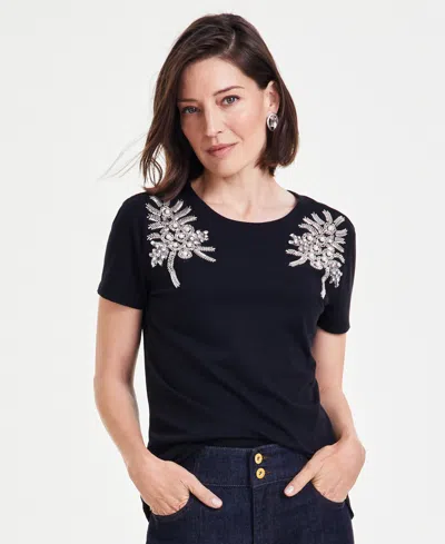 Inc International Concepts Women's Embellished Short-sleeve Top, Created For Macy's In Deep Black