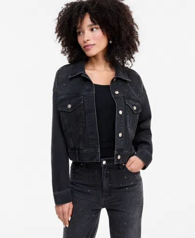 Inc International Concepts Womens Studded Cropped Denim Jacket Pants Macys Exclusive In Black