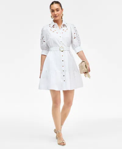 Inc International Concepts Women's Eyelet Cotton Belted Mini Dress, Exclusively At Macy's In White