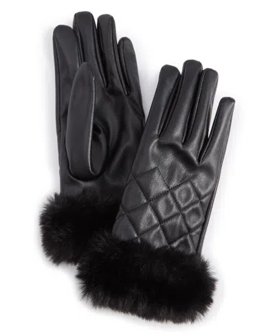 Inc International Concepts Women's Faux-fur-trim Faux-leather Gloves, Created For Macy's In Black