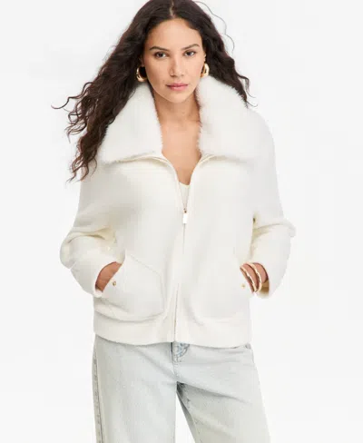 Inc International Concepts Women's Faux Fur-collar Zip-front Sweater Jacket, Macy's Exclusive In White