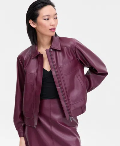 Inc International Concepts Women's Faux-leather Bomber Jacket, Macy's Exclusive In Burgundy
