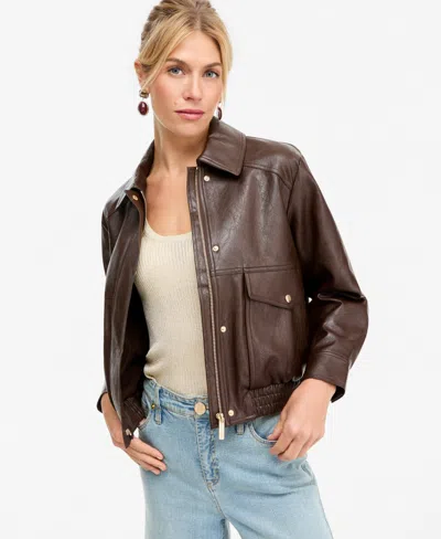 Inc International Concepts Women's Faux Leather Bomber Jacket, Macy's Exclusive In Dark Roast