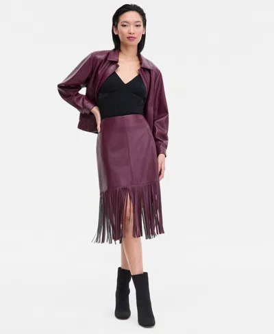 Inc International Concepts Women's Faux-leather Fringe-trim Skirt, Macy's Exclusive In Purple