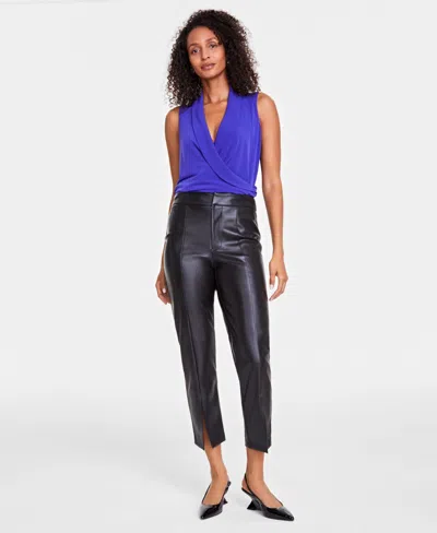 Inc International Concepts Women's Faux-leather Front-slit Straight Pants, Created For Macy's In Deep Black