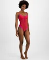 Inc International Concepts Women's Flocked Thong Bodysuit, Exclusively At Macy's In Crimson Leaf
