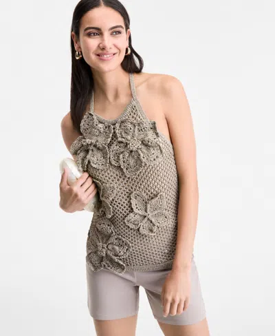 Inc International Concepts Women's Floral-applique Metallic-knit Halter Top, Exclusively At Macy's