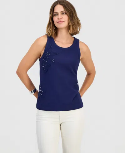 Inc International Concepts Women's Floral Crochet Trim Tank Top, Macy's Exclusive In Blue