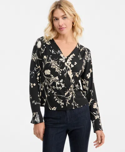 Inc International Concepts Women's Floral Long-sleeve Blouse, Macy's Exclusive In Black