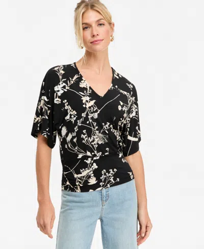 Inc International Concepts Women's Floral V-neck Short-sleeve Blouse, Macy's Exclusive In Black