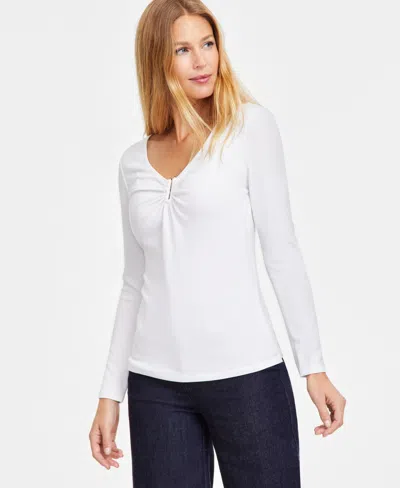 Inc International Concepts Women's Hardware Long-sleeve Ribbed Top, Exclusively At Macy's In Bright Whi