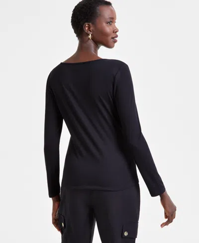 Inc International Concepts Women's Hardware Long-sleeve Ribbed Top, Exclusively At Macy's In Deep Black