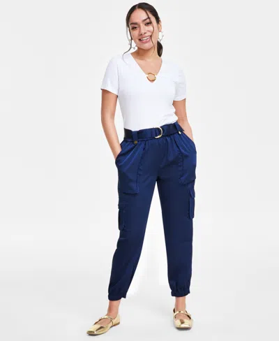 Inc International Concepts Women's High-rise Belted Satin Cargo Pants, Regular & Petite, Created For Macy's In Indigo Sea