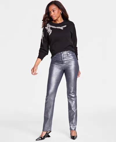 Inc International Concepts Womens Embellished Crewneck Sweater Metallic Jeans Created For Macys In Silver