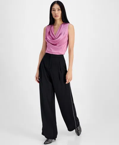 Inc International Concepts Women's High-rise Rhinestone-trim Wide-leg Pants, Created For Macy's In Deep Black