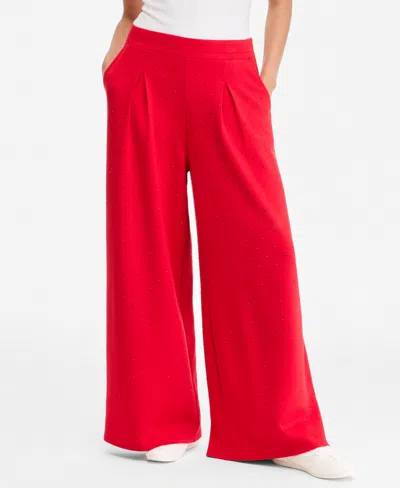 Inc International Concepts Women's High-rise Wide-leg Rhinestone-embellished Pants, Macy's Exclusive In Real Red