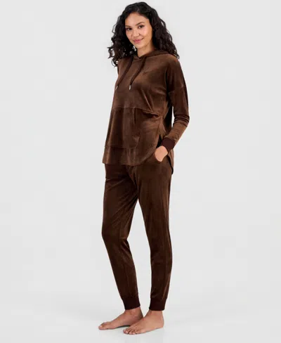 Inc International Concepts Women's Hooded Long-sleeve Velour Pajama Set, Macy's Exclusive In Sweet Cocoa