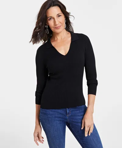 Inc International Concepts Women's Ribbed V-neck Sweater, Exclusively At Macy's In Deep Black