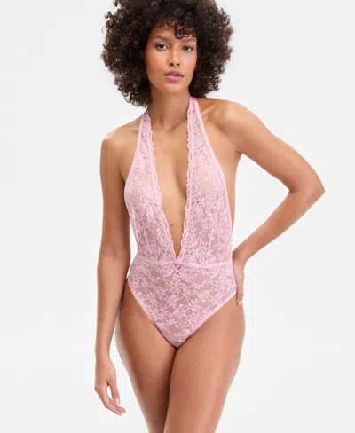 Inc International Concepts Women's Lace Halter Plunge-neck Bodysuit, Exclusively At Macy's In Pink