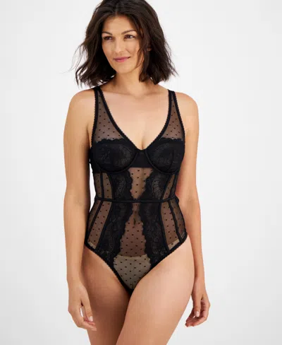 Inc International Concepts Women's Lace Pointelle Bodysuit, Created For Macy's In Deep Black