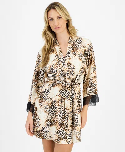 Inc International Concepts Women's Lace-trim Animal-print Stretch Satin Robe, Created For Macy's In Mixed Animal