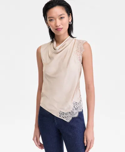 Inc International Concepts Women's Lace-trim Cowl-neck Sleeveless Top, Macy's Exclusive In Neutral