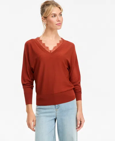 Inc International Concepts Women's Lace Trim Double V Neck Dolman Long-sleeve Viscose-blend Sweater, Macy's Exclusive In Orange