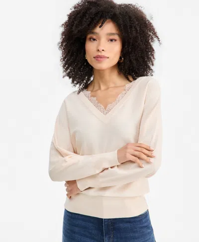 Inc International Concepts Women's Lace Trim Double V Neck Dolman Long-sleeve Viscose-blend Sweater, Macy's Exclusive In White