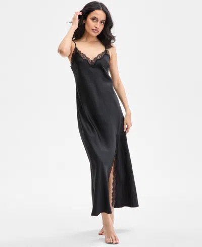 Inc International Concepts Women's Lace-trim Satin Nightgown, Exclusively At Macy's In Deep Black