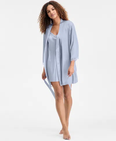 Inc International Concepts Women's Lace-trim Stretch Satin Robe, Created For Macy's In Blue