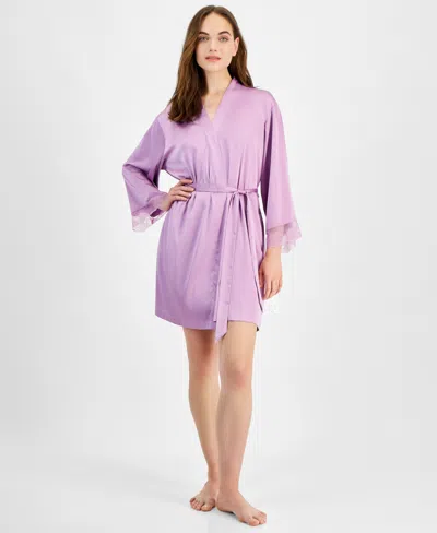 Inc International Concepts Women's Lace-trim Stretch Satin Robe, Created For Macy's In Fragrant Lilac