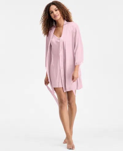 Inc International Concepts Women's Lace-trim Stretch Satin Robe, Created For Macy's In Pink
