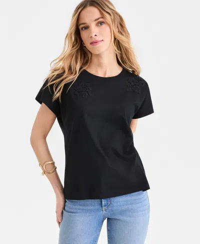 Inc International Concepts Women's Lace-trim Cotton T-shirt, Macy's Exclusive In Black