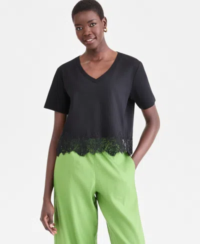 Inc International Concepts Women's Lace-trim Short Sleeve T-shirt, Macy's Exclusive In Black