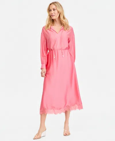 Inc International Concepts Long Sleeve Satin Blouse Lace Trim Midi Skirt Macys Exclusive In Pink