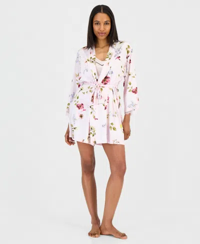 Inc International Concepts Women's Lace-trim Stretch Satin Robe, Created For Macy's In White
