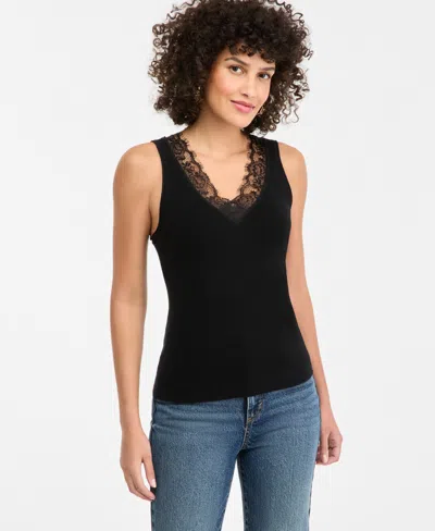 Inc International Concepts Women's Lace-trim V-neck Sweater Tank, Macy's Exclusively In Black