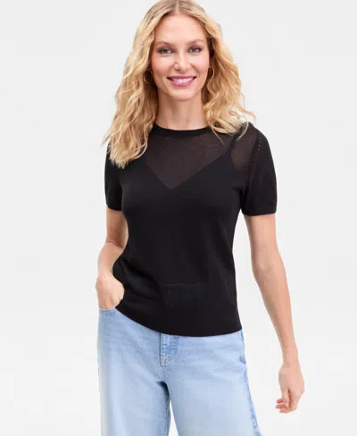 Inc International Concepts Women's Lightweight Metallic-knit Short-sleeve Sweater, Macy's Exclusive In Gray