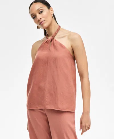 Inc International Concepts Women's Linen-blend Braided Halter Top, Exclusively At Macy's In Brown