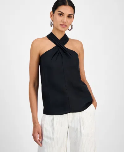 Inc International Concepts Women's Linen-blend Halter Top, Exclusively At Macy's In Deep Black
