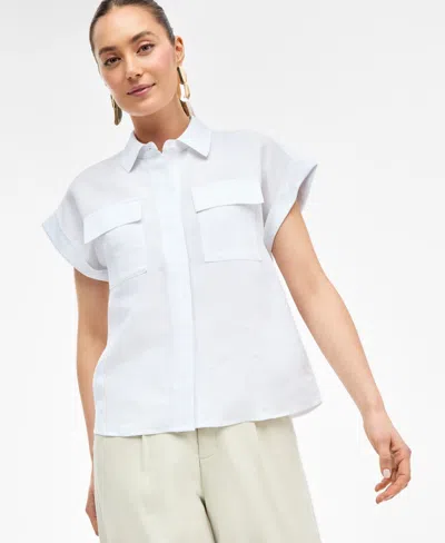 Inc International Concepts Women's Linen-blend Short-sleeve Blouse, Exclusively At Macy's In Bright White